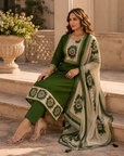 Olive green printed 3-piece kurta set