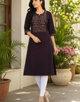 Deep purple embroidered straight kurti