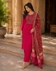 Magenta embroidered 3-piece kurta set