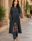 Charcoal grey cotton dabu embroidered frock kurta set