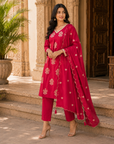 Fuchsia pink printed 3-piece kurta set