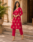 Fuchsia pink printed 3-piece kurta set