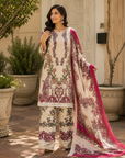 Cream & magenta floral printed 3-piece kurta set