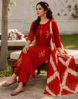 Red embroidered kurta set