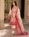 Cream & red printed 3-piece kurta set