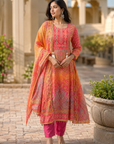 Peach & Pink Chinon Handwork Designer Kurta Set with Dupatta