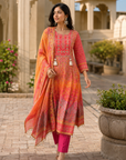 Peach & Pink Chinon Handwork Designer Kurta Set with Dupatta