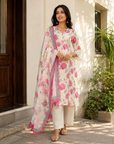 Pure Cotton Pink Floral Handwork Embroidered Kurta Set with Cotton Dupatta