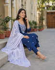 Midnight Blue Rayon Embroidered Kurta Set with Dupatta
