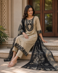 Beige & Black Pure Crepe Embroidered Kurta Set with Dupatta