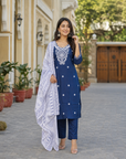 Midnight Blue Rayon Embroidered Kurta Set with Dupatta