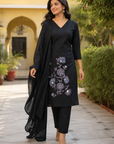Black Pure Cotton Embroidered Kurta Set with Cotton Dupatta