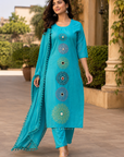 Blue Pure Cotton Mirror Work Kurta Set with Dupatta