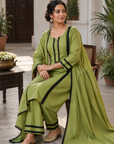 Olive Green Roman Silk Kurta Set with Heavy GPO Lace Work