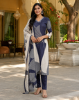 Navy Blue & Off-White Maslin Handwork Kurta Set with Digital Print Dupatta