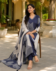Navy Blue & Off-White Maslin Handwork Kurta Set with Digital Print Dupatta