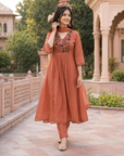 Rust Orange Embroidered Kurta Set with Dupatta