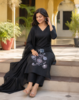 Black Pure Cotton Embroidered Kurta Set with Cotton Dupatta