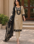 Beige & Black Pure Crepe Embroidered Kurta Set with Dupatta