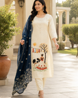 Pure Jamdani Cream Embroidered suit with Digital Print Dupatta