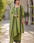 Olive Green Roman Silk Kurta Set with Heavy GPO Lace Work