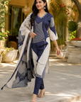 Navy Blue & Off-White Maslin Handwork Kurta Set with Digital Print Dupatta