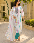 White Pure Cotton Embroidered Kurta Set with Multicolor Stripes & Cotton Dupatta