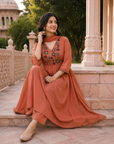 Rust Orange Embroidered Kurta Set with Dupatta
