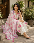 Pure Cotton Pink Floral Handwork Embroidered Kurta Set with Cotton Dupatta