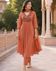 Rust Orange Embroidered Kurta Set with Dupatta