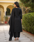 Black Pure Cotton Embroidered Kurta Set with Cotton Dupatta
