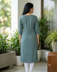 Dusty blue embroidered straight kurti