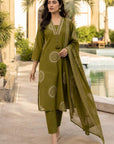 Olive green printed 3-piece kurta set