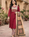 Maroon Printed Straight Kurta Set with Printed Pants & Elegant Dupatta