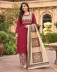 Maroon Printed Straight Kurta Set with Printed Pants & Elegant Dupatta