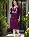 Plum purple embroidered straight kurti