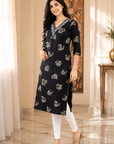 Women's black printed straight kurti