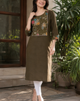 Olive green floral yoke straight kurti