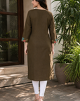 Olive green floral yoke straight kurti