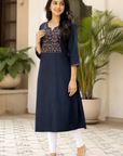 Navy blue embroidered straight kurti
