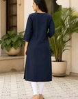 Navy blue embroidered straight kurti