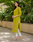 Lime green embroidered straight kurti