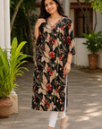 Black floral printed straight kurti