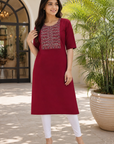 Wine embroidered straight kurti