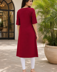 Wine embroidered straight kurti