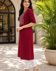 Wine embroidered straight kurti