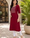 Wine embroidered straight kurti
