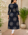 Navy blue floral printed straight kurti