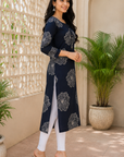 Navy blue floral printed straight kurti