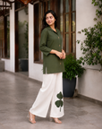 Olive green shirt & white plazzo printed co-ord set
